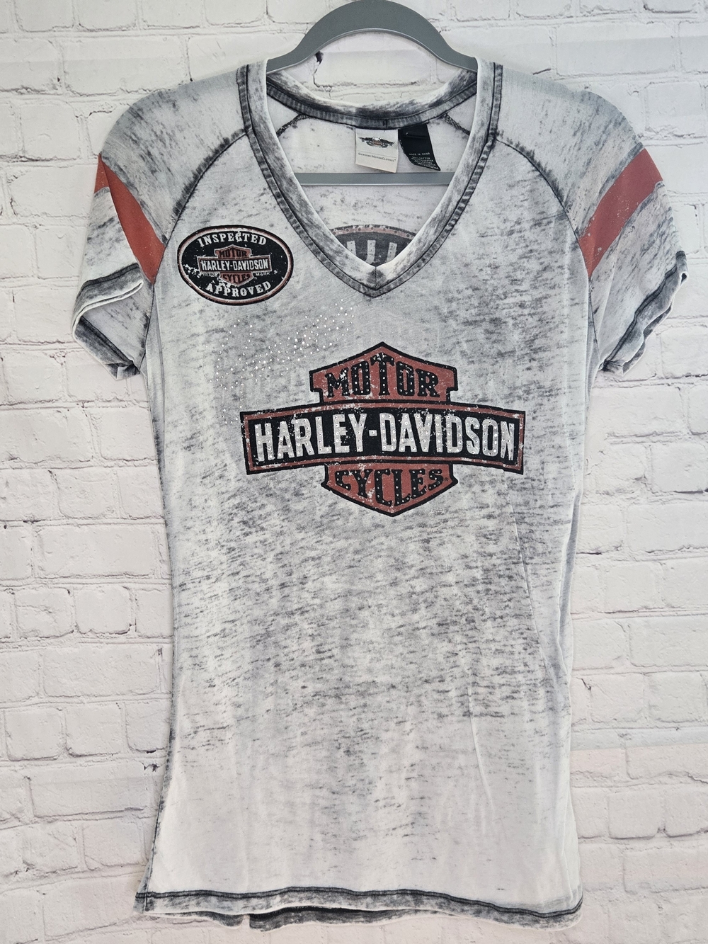 VTG Harley-Davidson biker grunge burnout‎ acid wash varsity sleeves rhinestone M